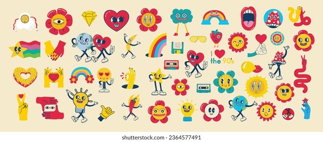 Trendy groovy Valentines day sticker set. Retro cartoon style valentines day. 70s 60s aesthetics isolated elements. Vintage vector illustrations.