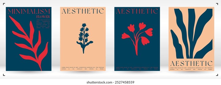 Trendy Groovy Vector Illustration Set in Matisse style. Minimal Modern Botanical Background. Plants, flowers and leaves in hand drawn style.
