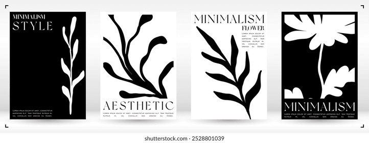 Trendy Groovy Vector Illustration Set in Matisse style. Bohemian Modern Floral Cover. Plants, flowers and leaves in hand drawn style.