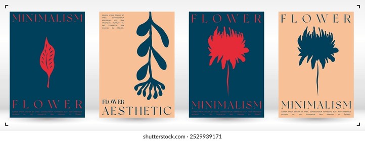 Trendy Groovy Vektor Illustration Set im Matisse Stil. Böhmische moderne Blumenbezug. Pflanzen, Blumen und Blätter im handgezeichneten Stil.