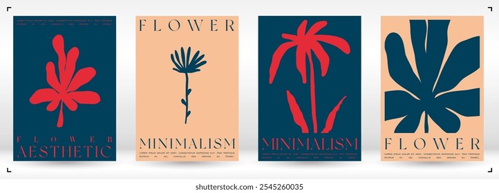 Trendy Groovy Vector Illustration Set in Matisse style. Floral Retro Art Card.  Plants, flowers and leaves in hand drawn style.