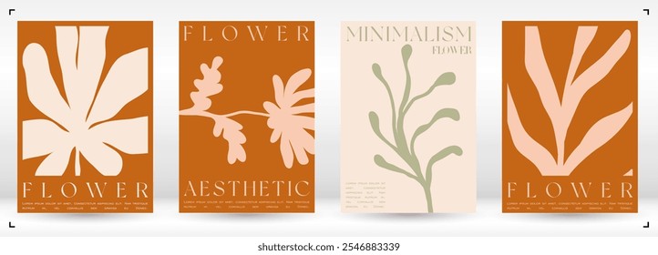 Trendy Groovy Vector Illustration Set in Matisse style. Contemporary Collage Botanical Minimalist Wall Art Print. Plants, flowers and leaves in hand drawn style.