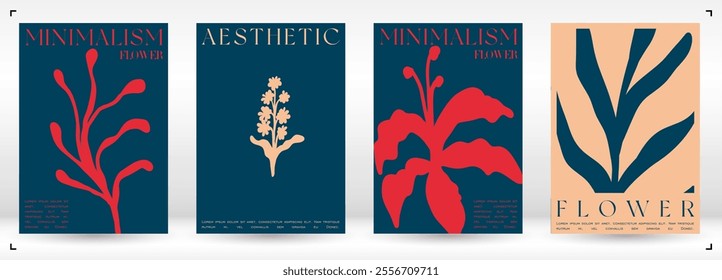 Trendy Groovy Vector Illustration Set in Matisse style. Bohemian Modern Floral Cover. Plants, flowers and leaves in hand drawn style.