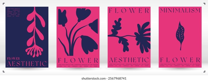 Trendy Groovy Vector Illustration Set in Matisse style. Naive Aesthetic Flower Poster. Plants, flowers and leaves in hand drawn style.