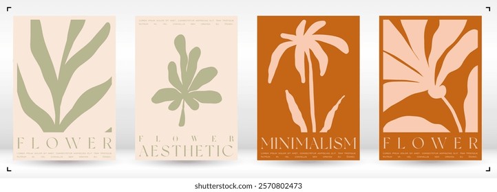 Trendy Groovy Vector Illustration Set in Matisse style. Minimal Modern Botanical Background. Plants, flowers and leaves in hand drawn style.