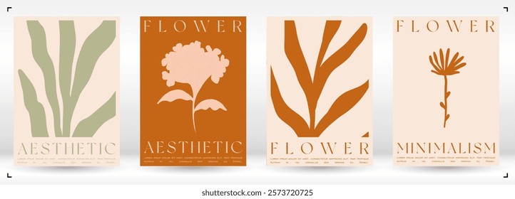 Trendy Groovy Vector Illustration Set in Matisse style. Naive Aesthetic Flower Poster. Plants, flowers and leaves in hand drawn style.