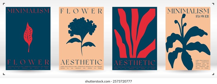 Trendy Groovy Vector Illustration Set in Matisse style. Naive Aesthetic Flower Poster. Plants, flowers and leaves in hand drawn style.