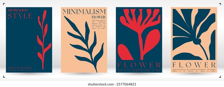 Trendy Groovy Vector Illustration Set in Matisse style. Bohemian Modern Floral Cover. Plants, flowers and leaves in hand drawn style.