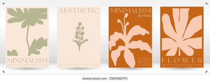 Trendy Groovy Vector Illustration Set in Matisse style. Decorative Modern Flower Poster. Plants, flowers and leaves in hand drawn style.