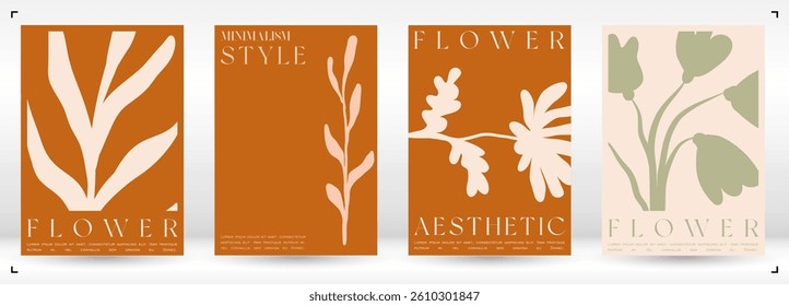 Trendy Groovy Vector Illustration Set in Matisse style. Decorative Modern Flower Poster. Plants, flowers and leaves in hand drawn style.