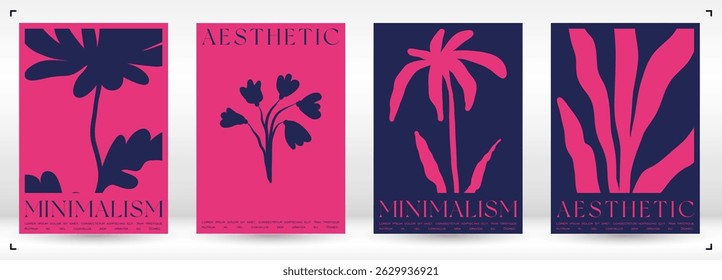 Trendy Groovy Vector Illustration Set in Matisse style. Contemporary Collage Botanical Minimalist Wall Art Print. Plants, flowers and leaves in hand drawn style.