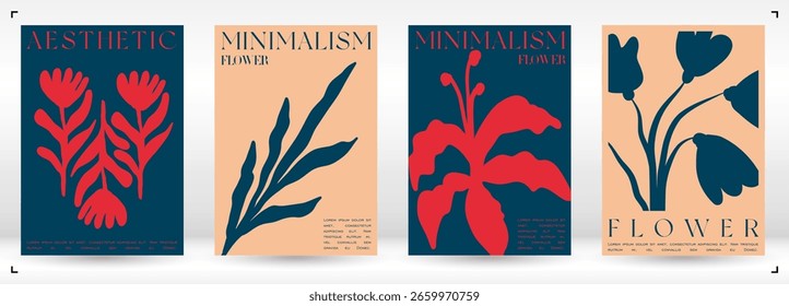 Conjunto de Ilustración vectorial Groovy de moda en estilo Matisse. Tarjeta de arte retro floral.  Plantas, flores y hojas en estilo dibujado a mano.