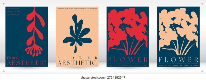 Trendy Groovy Vetor Illustration Set em estilo Matisse. Poster de flor estética ingênuo. Plantas, flores e folhas em estilo desenhado à mão.
