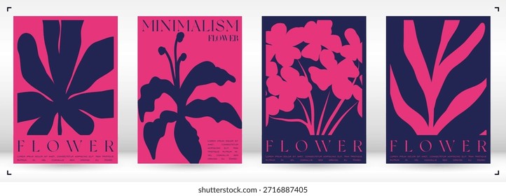 Trendy Groovy Vetor Illustration Set em estilo Matisse. Poster de flor estética ingênuo. Plantas, flores e folhas em estilo desenhado à mão.
