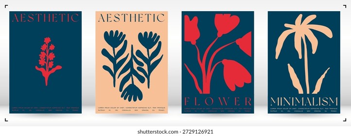 Conjunto de Ilustración vectorial Groovy de moda en estilo Matisse. Afiche de flores estéticas ingenuas. Plantas, flores y hojas en estilo dibujado a mano.
