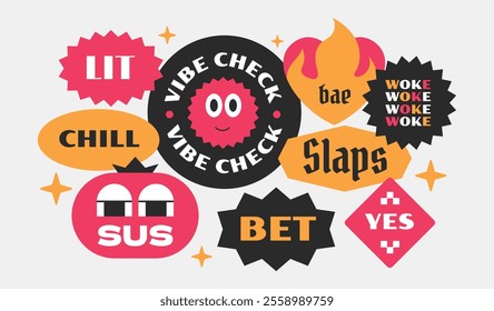 Trendy groovy vintage stickers collection. Stickers, tags, labels with gen z and millenials quote. Y2k cool style