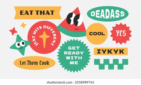 Trendy groovy vintage stickers collection. Stickers, tags, labels with gen z and millenials quote. Y2k cool style