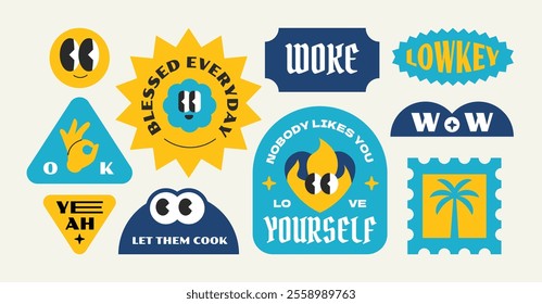 Trendy groovy vintage stickers collection. Stickers, tags, labels with gen z and millenials quote. Y2k cool style