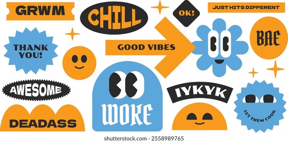 Trendy groovy vintage stickers collection. Stickers, tags, labels with gen z and millenials quote. Y2k cool style