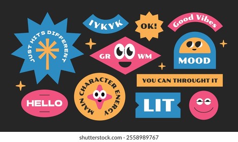 Trendy groovy vintage stickers collection. Stickers, tags, labels with gen z and millenials quote. Y2k cool style