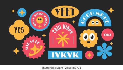 Trendy groovy vintage stickers collection. Stickers, tags, labels with gen z and millenials quote. Y2k cool style