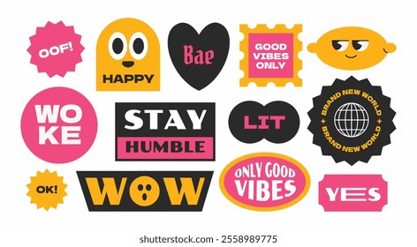 Trendy groovy vintage stickers collection. Stickers, tags, labels with gen z and millenials quote. Y2k cool style