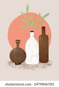 Trendy grunge ceramic vases with plant. Vase in boho style. Scandinavian minimalist wall art. Brown, terracotta, beige, pink color. Posters for living room, bedroom. Vector illustration.