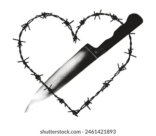 Trendy grunge element with retro photocopy stipple effect. Barbed wire heart shaped frame and knife Y2K goth core 2000s style. Modern illustration vector dots texture. For poster design, t-shirt print