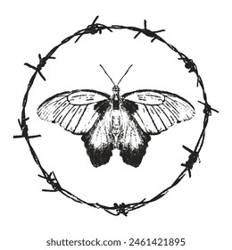 Trendy grunge element with retro photocopy stipple effect. Butterfly and barbed wire round frame Y2K goth core 2000s style. Modern illustration vector dots texture. For poster design, t-shirt print