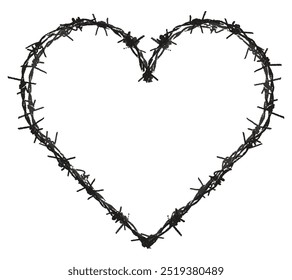 Trendy grunge element with retro photocopy stipple effect. Heart shaped frame made of barbed wire Y2K goth core 2000s style. Modern illustration vector dots texture. For poster, t-shirt, social media