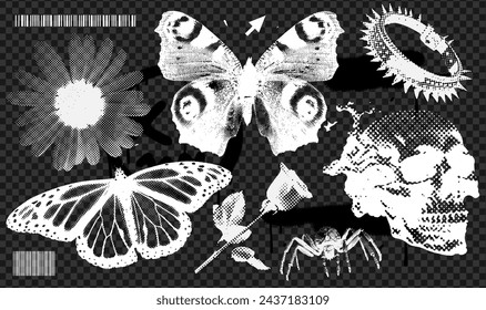 Trendy grunge elements collection with a retro negative photocopy effect. y2k overlay stickers for cool design. Skull, flowers, butterflies, spider, spikes vector realistic illustration