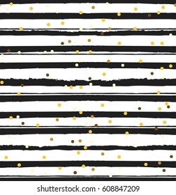 Trendy Grunge seamless pattern: golden dots, black and white stripes. Vector Striped background.