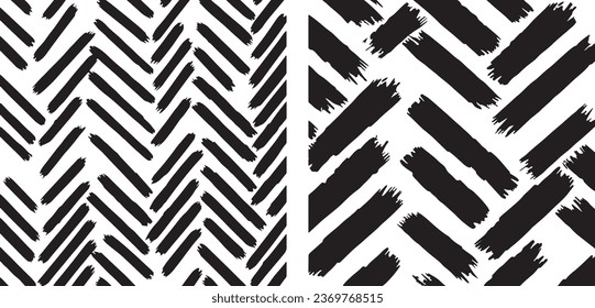 Trendy grunge seamless pattern with herringbones and brush drawn bold diagonal strokes in a zigzag chevron design