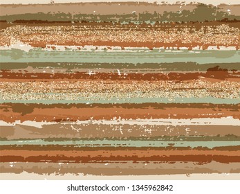 Trendy grunge texture brush stroke stripes with gold glitter sparkles vector seamless pattern background. Sparkles golden glitter glossy confetti over painted stripes pattern. Fabric print.