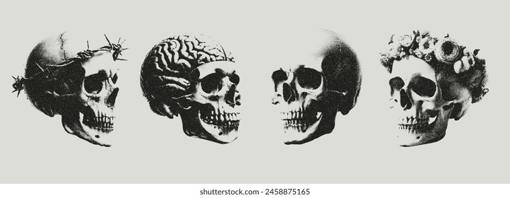 Trendy grunge texture human skull set with a retro halftone grain effect. Dotted stipplism photocopy texture. Y2k vintage elements for design skull with wreath, barb wire, brain