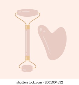 Trendy gua sha scraper and natural rose quartz crystal roll on face massager. Gua Sha skin care concept. Flat cartoon vector illustration. Isolated on white background. 