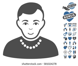 Trendy Guy icon with bonus amour pictures. Vector illustration style is flat iconic cobalt and gray symbols on white background.