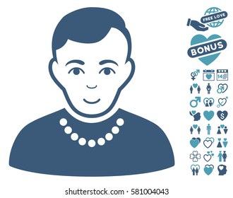 Trendy Guy icon with bonus dating images. Vector illustration style is flat iconic cyan and blue symbols on white background.