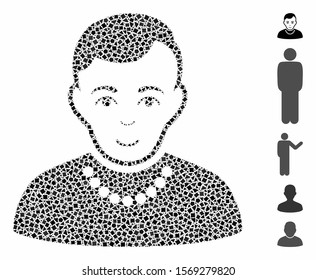 Trendy guy icon composition of humpy items in different sizes and color hues, based on trendy guy icon. Vector raggy items are organized into composition. Trendy guy icons collage with dotted pattern.