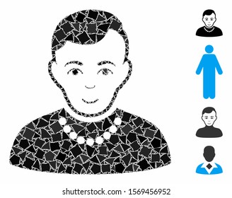 Trendy guy icon mosaic of irregular items in variable sizes and color tones, based on trendy guy icon. Vector inequal items are composed into collage. Trendy guy icons collage with dotted pattern.