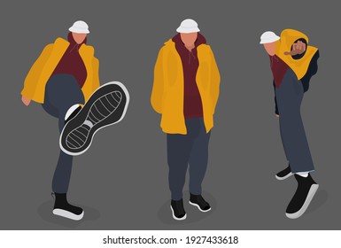 Trendy guy, model in modern street style, autumn looks - jackets, coats, sun hat, joggers vector male cartoon character. Posing.