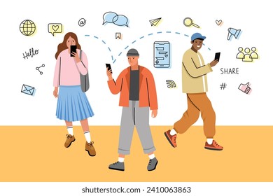 Trendy guys and girls use social networks on go. Mobile apps for dating and communication, fast information transfer, vector illustration.eps
