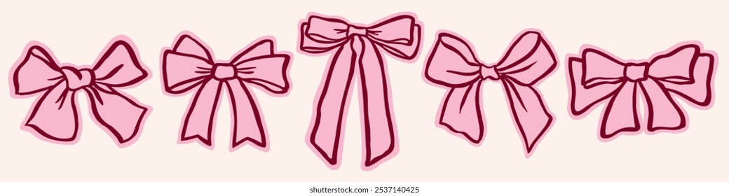 Accesorio de trenzado de pelo de moda. Conjunto de cinco lazos rosas en estilo elegante. Cintas groovy dibujadas a mano. Conjunto femenino simple con nudos de lazo. Diseño para tarjetas de felicitación, invitaciones de boda y carteles.