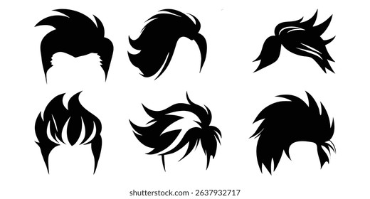Trendy hair icon bundle of stylish male hairstyle silhouette vector illustration for fashion beauty barber design collection isolated on white.