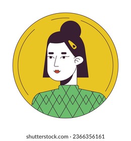 Trendy hairstyle asian girl flat color cartoon avatar icon. Teen short hair. Editable 2D user portrait linear illustration. Isolated vector face profile clipart. Userpic, person head and shoulders