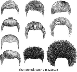 Trendy hairstyle collection, illustration, drawing, engraving, ink, line art, vector