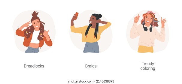 Trendy Hairstyle Isolated Cartoon Vector Illustration Set. Laughing Girl With Dreadlock, Teenager With Braids Making Selfie, Fancy Hair Coloring, Brightly Colored Hair, Teen Fashion Vector Cartoon.