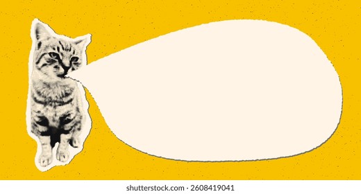 Trendy halftone art collage banner template. Cut out cat with blank empty speech bubble, vintage torn paper texture on bold yellow background. Modern retro vector illustration for mixed media design