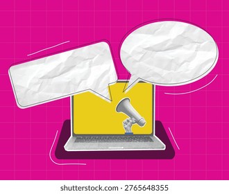 Trendy Halftone art Collage Computer laptop with speech bubble 