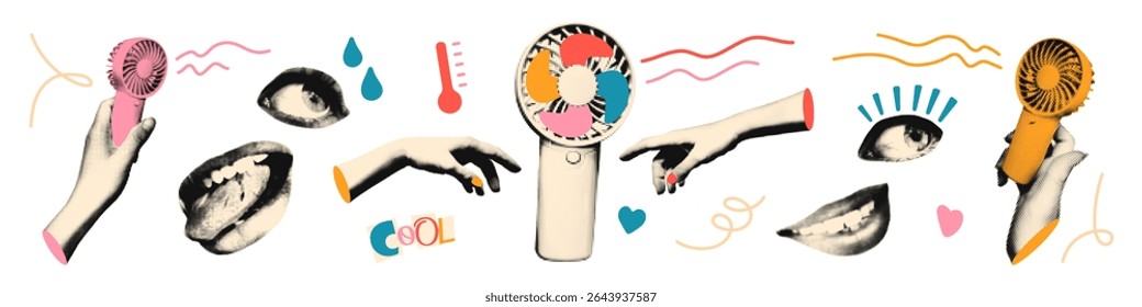Trendy colagem de arte de meio-tom recortes definido. Formas de recorte de papel, mãos segurando adesivos portáteis de fãs com vintage textura de pontos e rabiscos. Moderno retro grunge misto mídia vetor ilustração